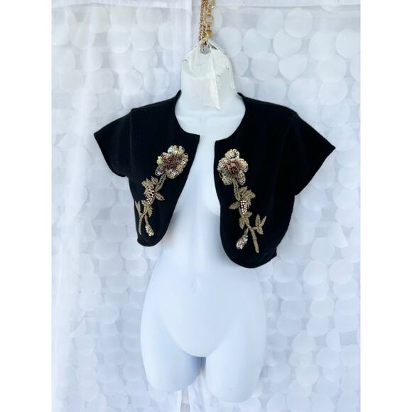 VTG 90's Black Lambs wool Cropped Bolero Sweater Gold Embellished Sequins Party - Picture 2 of 9